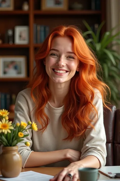 Red-haired woman smiling in her husband's office