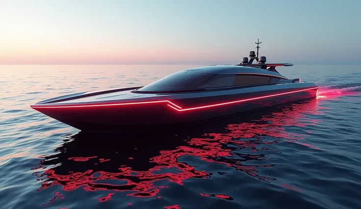 A cutting-edge futuristic yacht with an aerodynamic design and glowing neon lines, inspired by the flag of Indonesia—red and white.