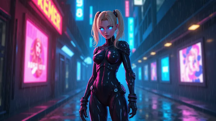 Cammy White in a futuristic cyberpunk city, neon lights reflecting on her sleek modified combat suit, blue cybernetic eyes glowing with intensity, mechanical enhancements on her gauntlets, standing in a rainy alley with holographic advertisements flashing ...