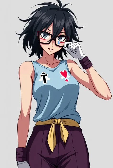  Bleach-style anime character with messy black hair ,  gray eyes of black square-framed glasses ,  sleeveless shirt top in a predominant color light blue with two playing card symbols drawn on the chest on the right side red Swords On the left side black, ...