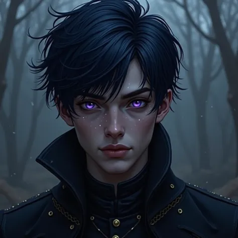  Half Illyrian .  He is incredibly beautiful and seems arrogant at first , careless and cold .  He has short blue-black hair the color of a raven's wing,  purple eyes with silver dots ,  like the starlight , dark skin.