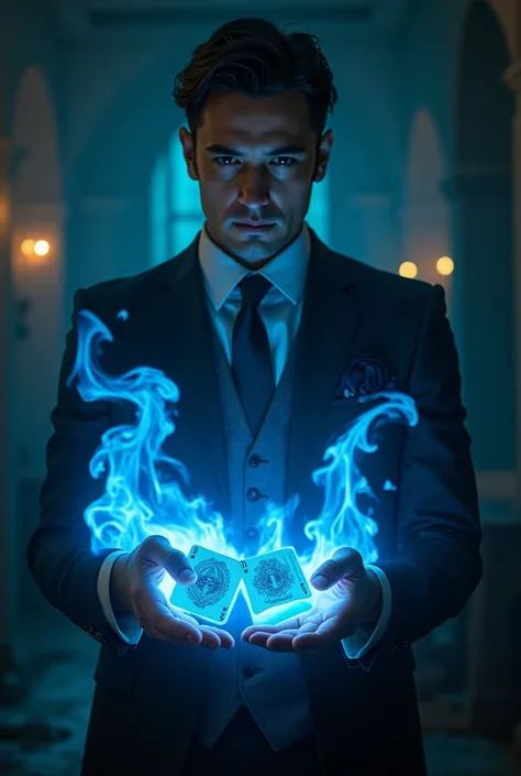 Handsome arcanist in a suit and tie using magic on cards wrapped in blue fire