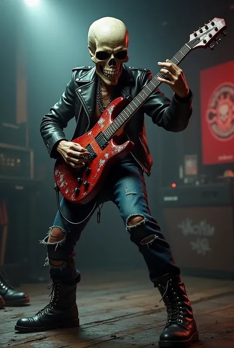 A skull wearing rocker clothes dancing with a guitar 