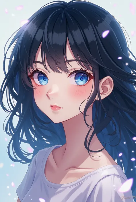 18-year-old anime girl with black hair and light blue eyes aestetic style 