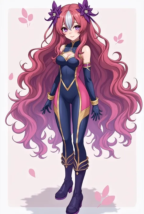 Create an image of my OC from Boku no Hero girl wavy pink and brown hair and two white locks on the front eyes refining the color purple individuality petals wearing a Boku uniform in Hero Academia long hair uniform costume long boots a bodysuit and two gl...