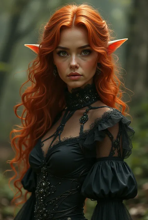  a female character with a ,72 tall 
Brown skin
curly red hair 
With fairy ears
With very stylish witch clothes
With green eyes