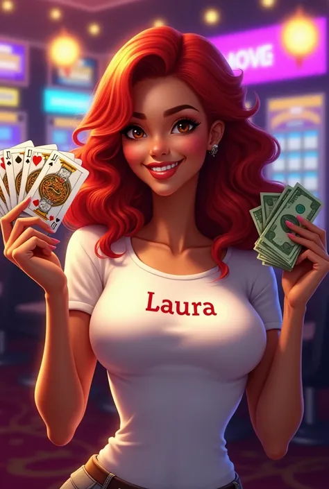 Casino girl, Wavy red hair, With cards from one hand dollars from the other.  Smiling and happy style white t-shirt that says Laura. Brown eyes darker skin teas 