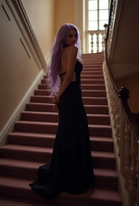 scenario:  A wide, well-lit staircase ,  with interesting architectural details .

Pose: Lia with her long lilac hair,  is coming down the stairs,  with one hand resting on the railing and the other holding the hem of the dress.  she looks at the camera wi...