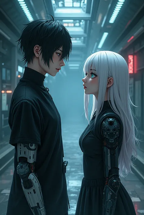 Аниме арт  girl  и  Paren.  Paren,man black hair,  black eyes , right prosthetic arm ,  girl ,   white hair,  turquoise marine eyes,  prosthesis on the right arm . Beautiful dark cyber punk background