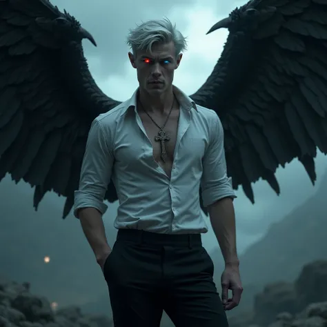 Amidst a stormy, tense backdrop, Cedric stands as a powerful yet haunted figure. His silver hair frames sharp features, and his mismatched eyes—one red, one blue—glow with a chilling intensity. Two wings extend from his back: one black, one white, symboliz...