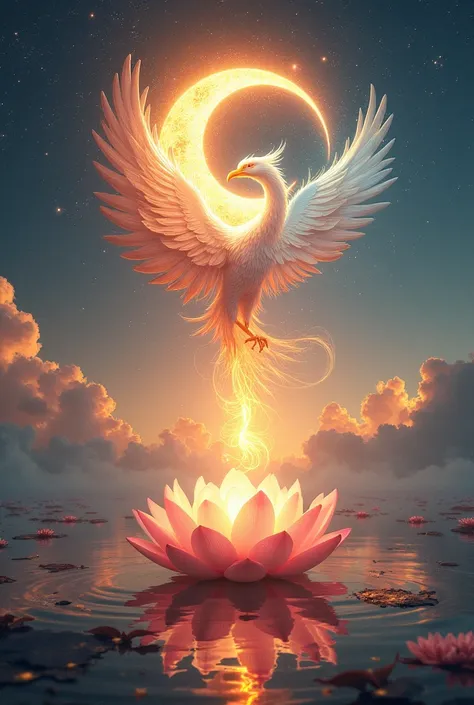 Create an image with the lotus flower and Phoenix, Let it be the Sun and the Moon,  in addition to the symbol of good and evil, Let it be bright and infinite in style