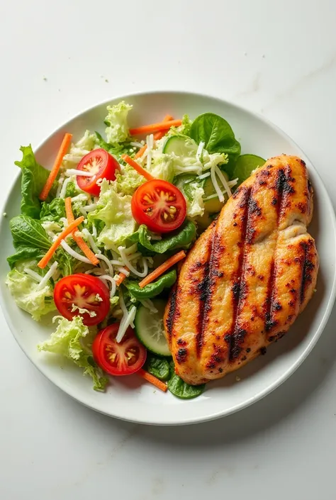 A plate full of salad and a grilled chicken fillet 