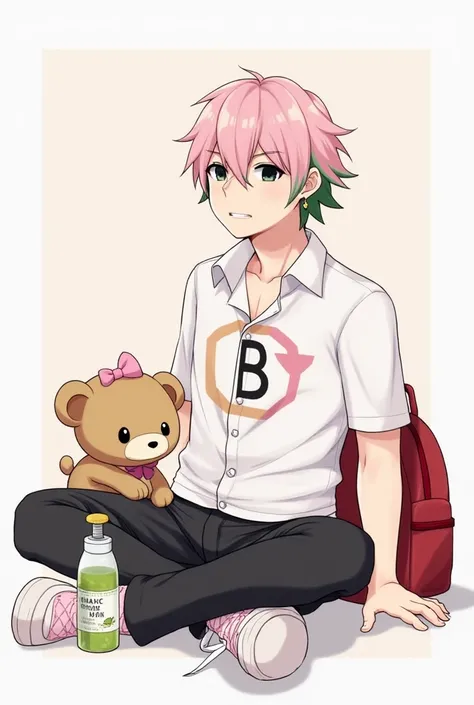 Male anime character, height 190, six pack slowly, black eyes, pink hair, green ends, wears a white shirt with a B pattern in the middle of the shirt, unbuttoned 2, wears black trousers, white shoes, pink shoes, carries a brown teddy bear, a bottle of pink...