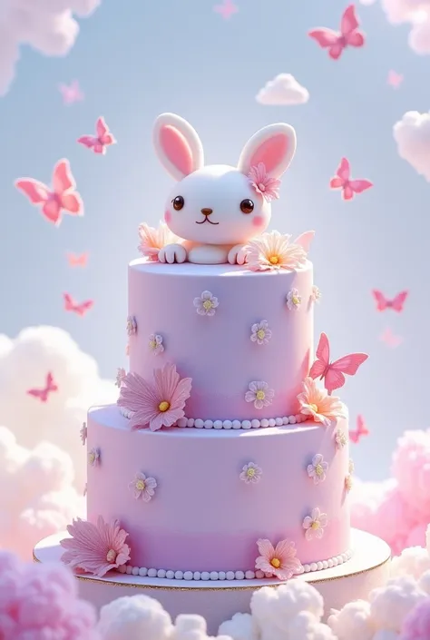 2-tier cake, with light purple and pink , With butterflies and flowers,  Sanrio Cinnamoroll theme