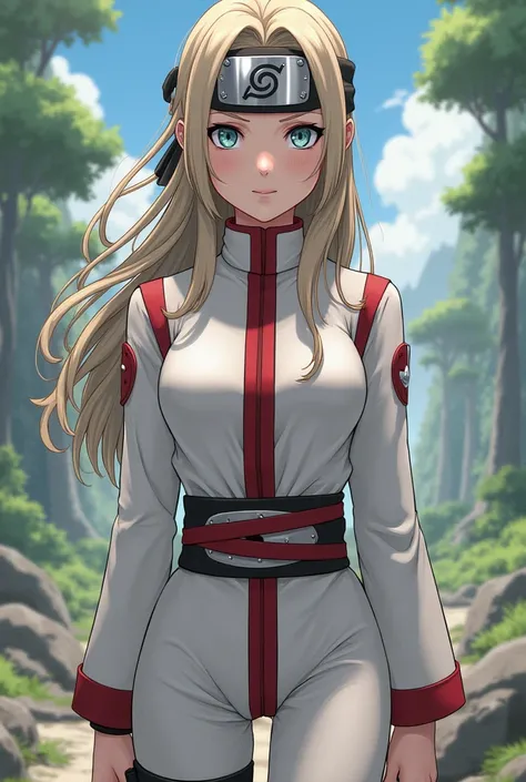  A girl who is in Naruto with long, loose brown hair,wavy,dry,white,wearing a white suit with red and with the band from the village with the leaf around the waist