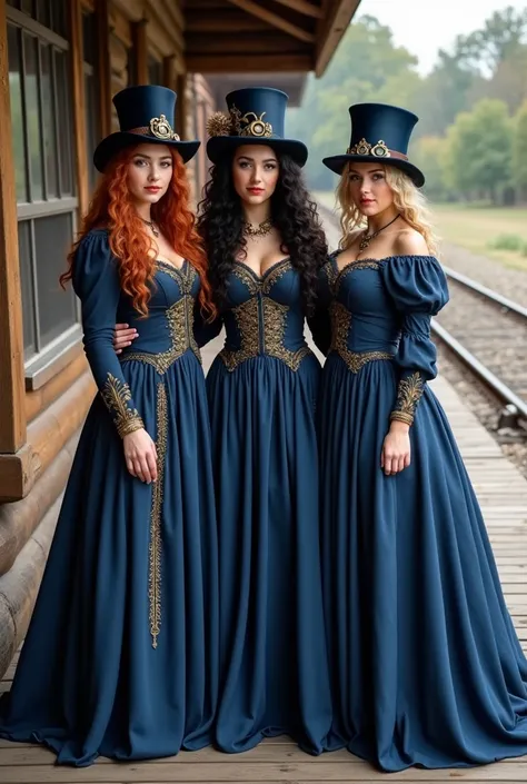 Three young women dressed in steampunk outfits. One girl has auburn long curly hair, the middle girl has black curly long hair and the last one has long blonde curly hair. All of their long dresses are the same color but DIFFERENT styles. FROM THE WAIST DO...