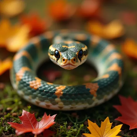 A hyper-realistic photograph of a little snake with a camouflage pattern featuring earthy tones: deep forest green, burnt orange, and sandy beige. Thin turquoise accents break up the pattern, adding a pop of color. The snake forms a perfect semi-circle wit...