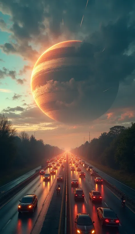 A hyper-realistic, ultra-HD image of a massive planet hurtling toward a busy highway filled with cars. The planet appears enormous in the sky, with swirling clouds and vibrant colors, casting an eerie glow over the city. The vehicles on the road have their...