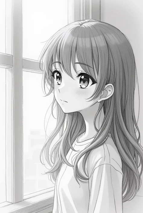 Beautiful girl pencil drawing，Staring out the window ，A plum mole at the center of the eyebrow， long hair, micro curls 