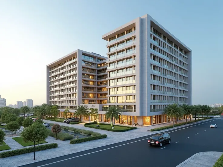 Create a picture of a teaching hospital near Jabir bin Hayyan University in Kufa District overlooking the Kufa Shatt Corniche, consisting of 20 floors with an area of ​​7,000 square meters. Use of height gradations to reduce the effect of shadow on the sur...