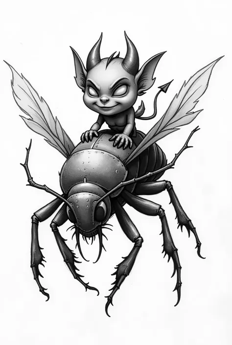 Sketch black and white drawing of a little devil without age hair is soaring on top of an insect