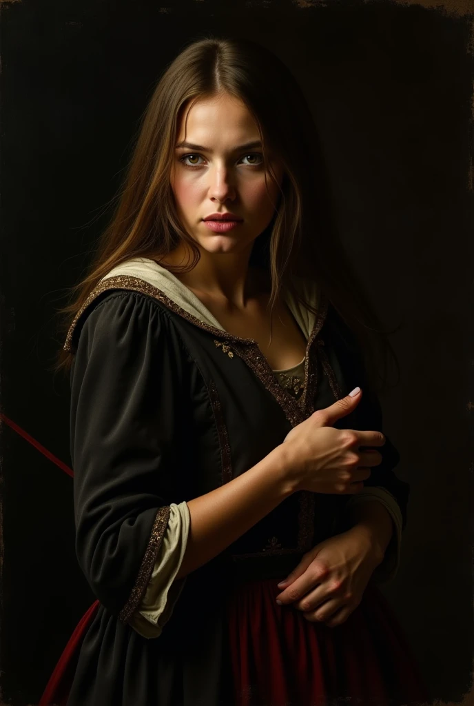 Warrior Girl,  Caravaggio-style .  Her face is illuminated with bright ,  with directed light ,  which creates sharp shadows and emphasizes her facial features — expressive eyes,  soft lips and delicate skin .  The background is immersed in deep darkness ,...