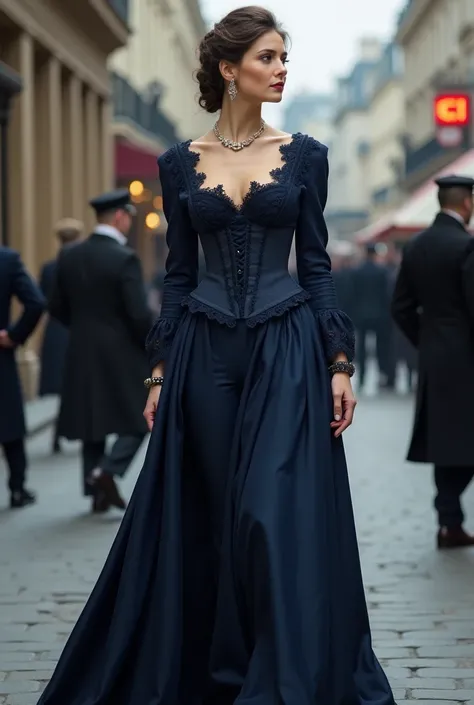 a navy blue dress of a very tall class woman in 1890 in France Paris with long sleeves, con corset, lace and a bit of cleavage for a casual outing 