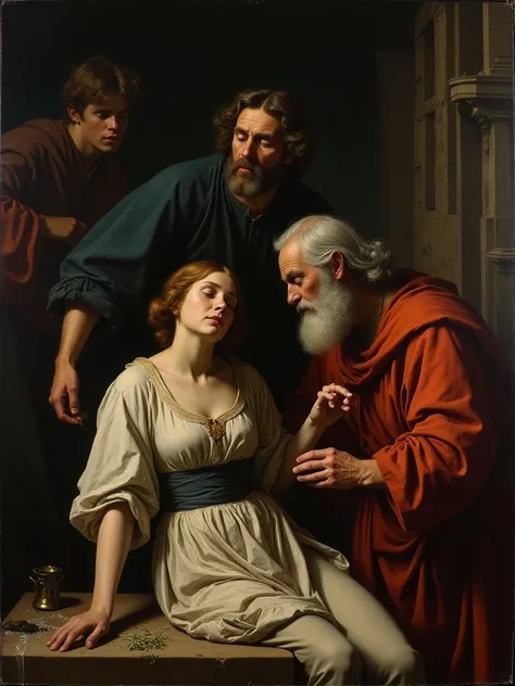  The painting depicts a scene from biblical or mythological history,  Caravaggio-style .  The composition focuses on a group of three figures :  Young woman , an old man and a young man .  woman ,  dressed in simple ,  but elegant clothes ,  is on her knee...