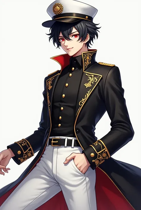 A 20-year-old boy with black wavy hair with red red eyes in white pants with a black jacket with gold embroidery on the collars with a white hat on his head and on a white background smiles 