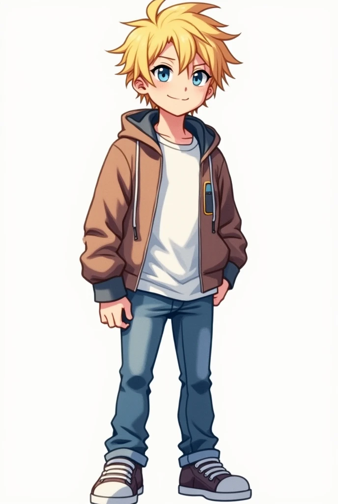 Anime-style age boy with messy blond hair and bright blue eyes. He wears a sporty jacket over a white T-shirt, jeans, and sneakers. He has an energetic, confident smile. Detailed shading and vibrant anime colors. not smiling