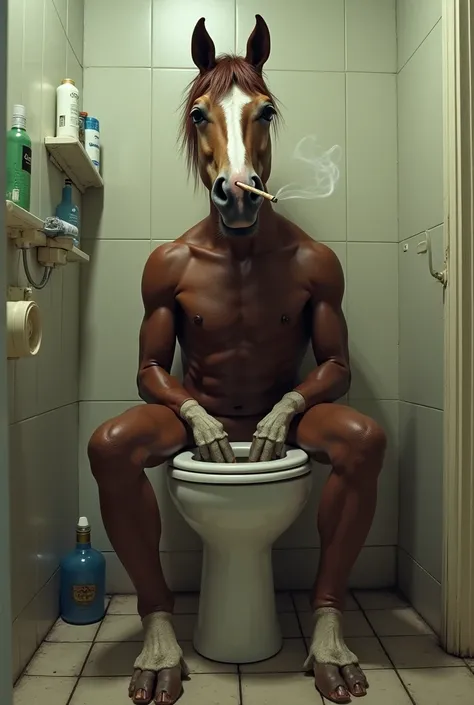 Make a horse with human hands as legs smoking a joint on the toilet 