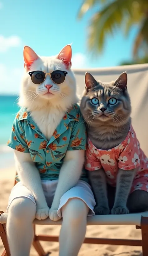 Realistic photo of a beautiful white cat with blue eyes and mirrored glasses wearing a printed Hawaiian shirt and white shorts he is sitting on a beach chair in a place where there is a beautiful real beach and next to him is sitting a very beautiful and h...