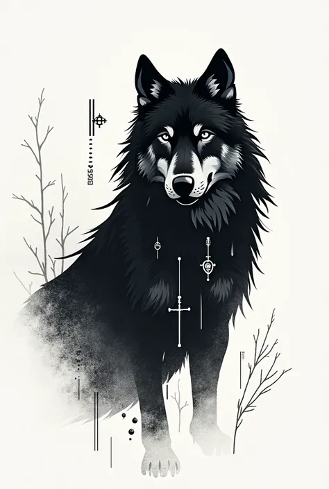 Make a vertical image of a wolf drawn in black and white with minimalist features and details based on Viking culture.