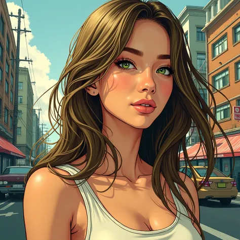 A young woman illustrated in a comic style with influences from Murata's artwork. She has striking light green eyes and smooth, light brown hair with subtle green highlights. Her skin is a warm, sun-kissed tan, and she possesses a slender physique. The bac...