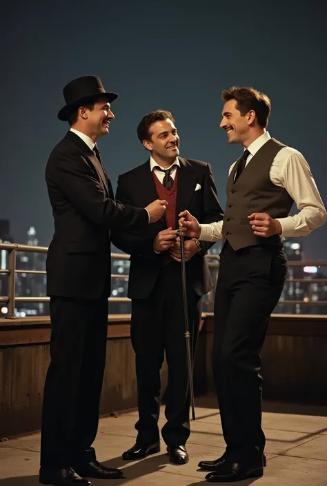  Notice for the generation of the image :

 style:  Photograph

Scene :  Rooftop at night in New York

Characters :

 Carlos Gardel :  Dressed in a 1930s suit and hat

Frank Sinatra (18 years old):  Young and handsome 1930s

Charles Chaplin :  Dressed in a...