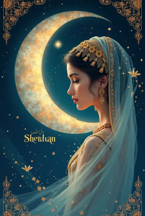 Ramadan wallpapers with the name Sherihan, with a crescent moon and a girl