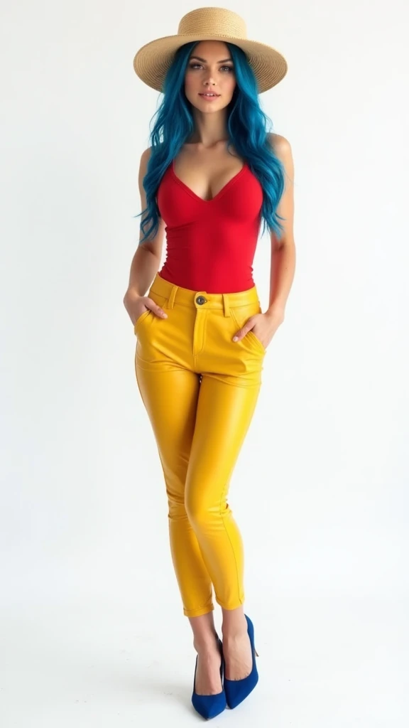 He is 20 years old, Russian,  well-shaped body  .Woman Arafed, Beautiful white and soft skin, with blue hair and blue eyes , well-formed medium breasts , medium round ass and medium thighs, posing: ( tight red top,  yellow pants with tight leather + blue h...