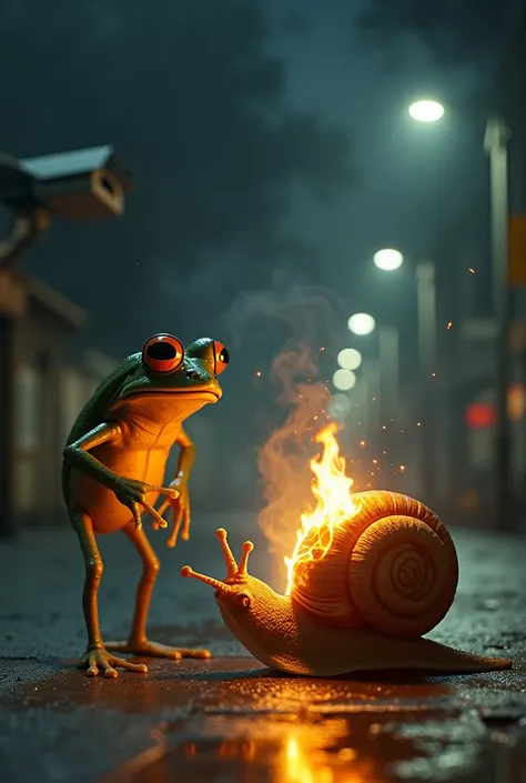 Frog being arrested on cctv by a snail on fire