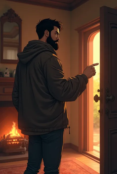 The young man with a thick and short beard stands in his beautiful house and close to the fireplace and points to the door an anime image or a three-dimensional artificial intelligence