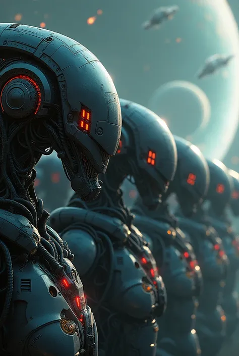 Legion of biomechanical robots in formation, connected by organic cables and complex technological components. Intense red eyes and a dystopian space environment with distant planets and meteors cutting through the horizon. Futuristic design with a dark, h...