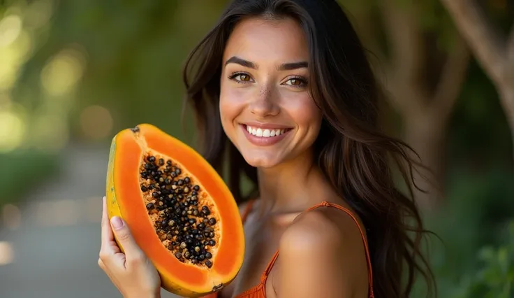 "Beautiful young brunette with long flowing dark hair, bright brown eyes, freckles and a sweet smile. She is dressed in a boho style, a terracotta sundress with thin straps. Portrait from the waist. Easy smile. Ultra-structured skin. Glowing skin. Moist li...