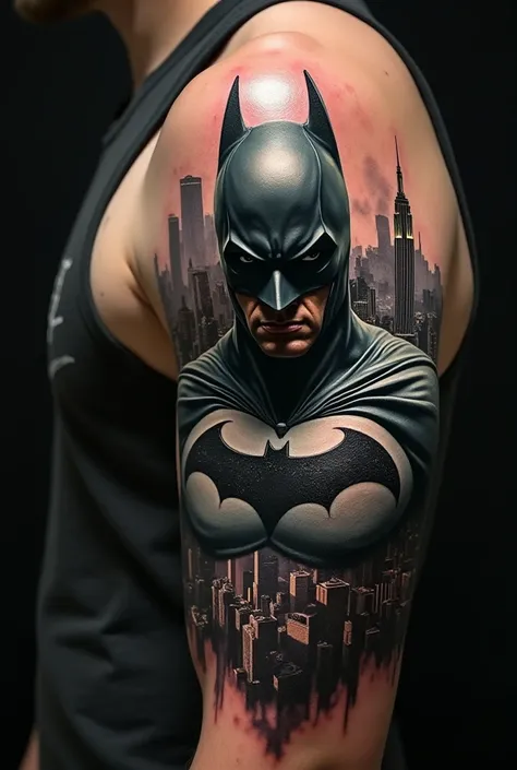 Tatouage sur le mollet représentant le batman de Christopher Nolan regardant Gotham depuis le sommet de l'empire state Building