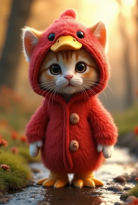 Create for me a kitten dressed in a red duckling costume the costume must have a hood and the kitten must be on a farm with a very beautiful massage that has a stream the face has to be realistic with a 3D ultra HD Pixar cartoon effect