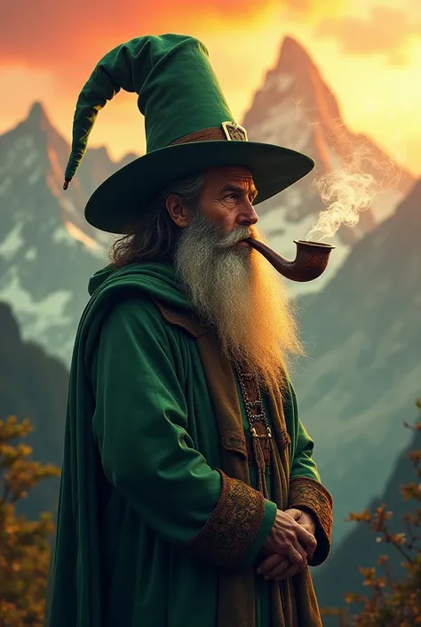  A mystical monk with a large leprechaun hat , long and thick beard ,  smoking a large pipe from which a dense one comes out sinuous smoke .  He is standing in a stunning mountainous landscape ,  with majestic peaks in the background .  The sky and atmosph...