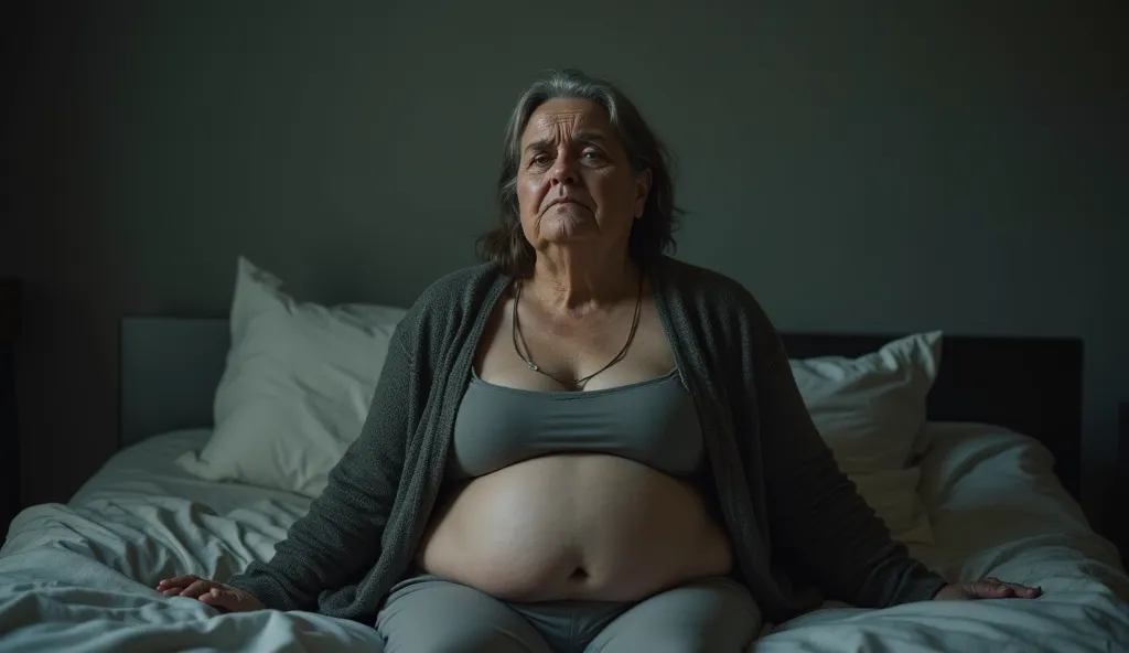 Not too fat 40-year-old woman feeling tired, bloated and without energy . Sad scene, impactful and highly striking image. Ultrarealism 4k