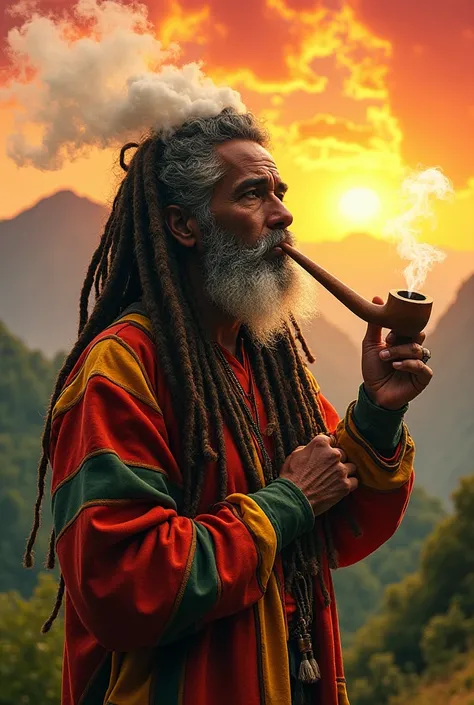  A man with long and bulky dreadlocks ,  wearing Reggae style clothing ,  with stripes in the colors red , yellow and green.  He holds a large pipe while smoking ,  thick white smoke rising gently from the pipe and dissipating through the air.  The scene t...