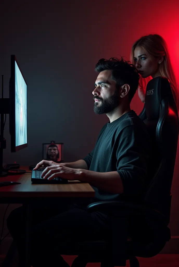 I want a realistic photo of a man who is in his dark room half reddish that he is sitting in a gamer chair next to his computer that is turned on and while he has a very pretty and sexy woman who is next to him who is looking at the image I want it to be v...