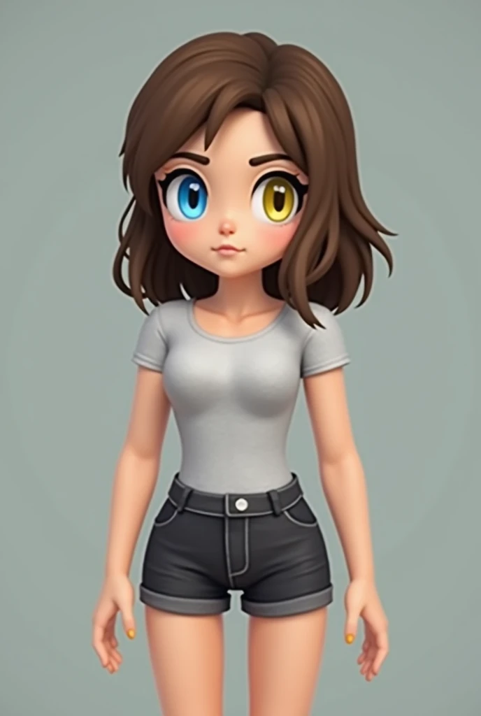 A digital representation of a female character. with a fair skin tone. She has a slightly oval-shaped face. Her eyes are a light blue on one side and a light yellow on the other, a distinctive feature. Her nose is small and straight, and her mouth is a gen...