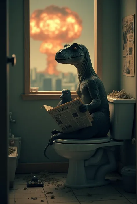 generate a sad dinosaur sitting on the toilet and next to it a sad pigeon sitting on the toilet with a newspaper and outside the window there will be an atomic bomb explosion in front of their eyes 