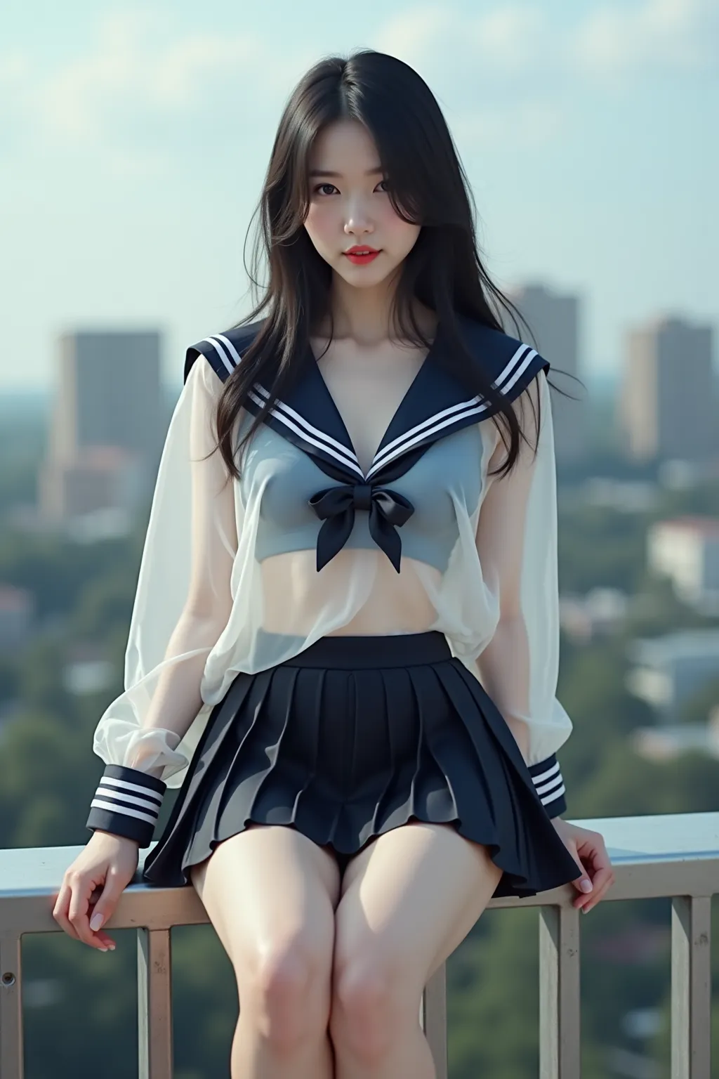 Realistic Photography, 8k, masterpiece, highest quality, hyper-realistic, highres, shot on a Canon EOS, Korean young girl, idol, white skin, black long hair, (huge breasts), ((glamorous figure)), ((long legs)), Chubby thighs, the texture of a detail-orient...